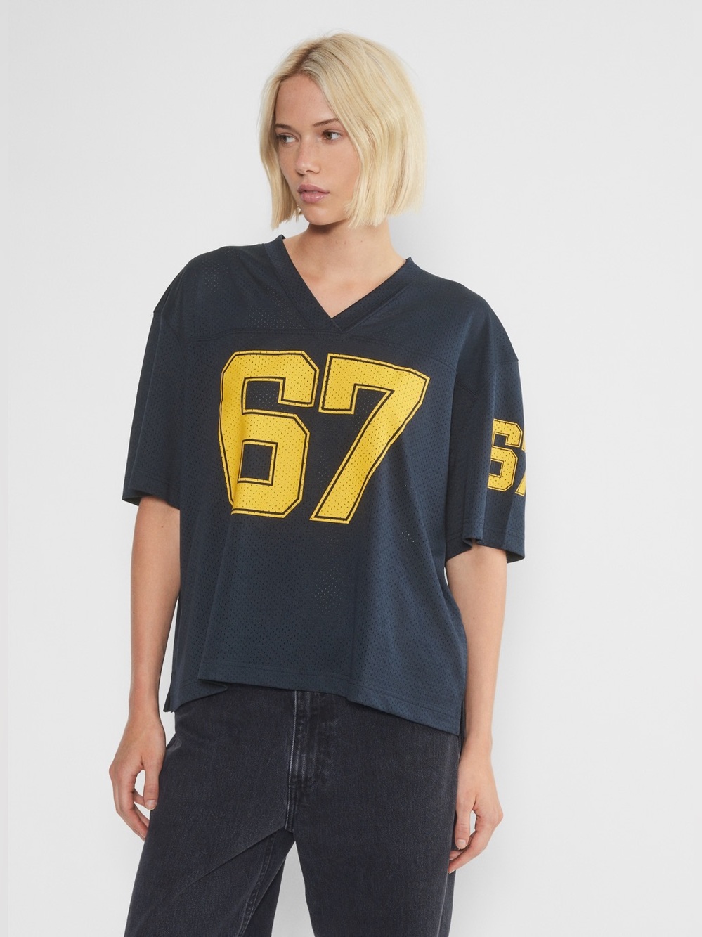 Aritzia TNA Navy Court Mesh Game Day Jersey with Yellow '67'